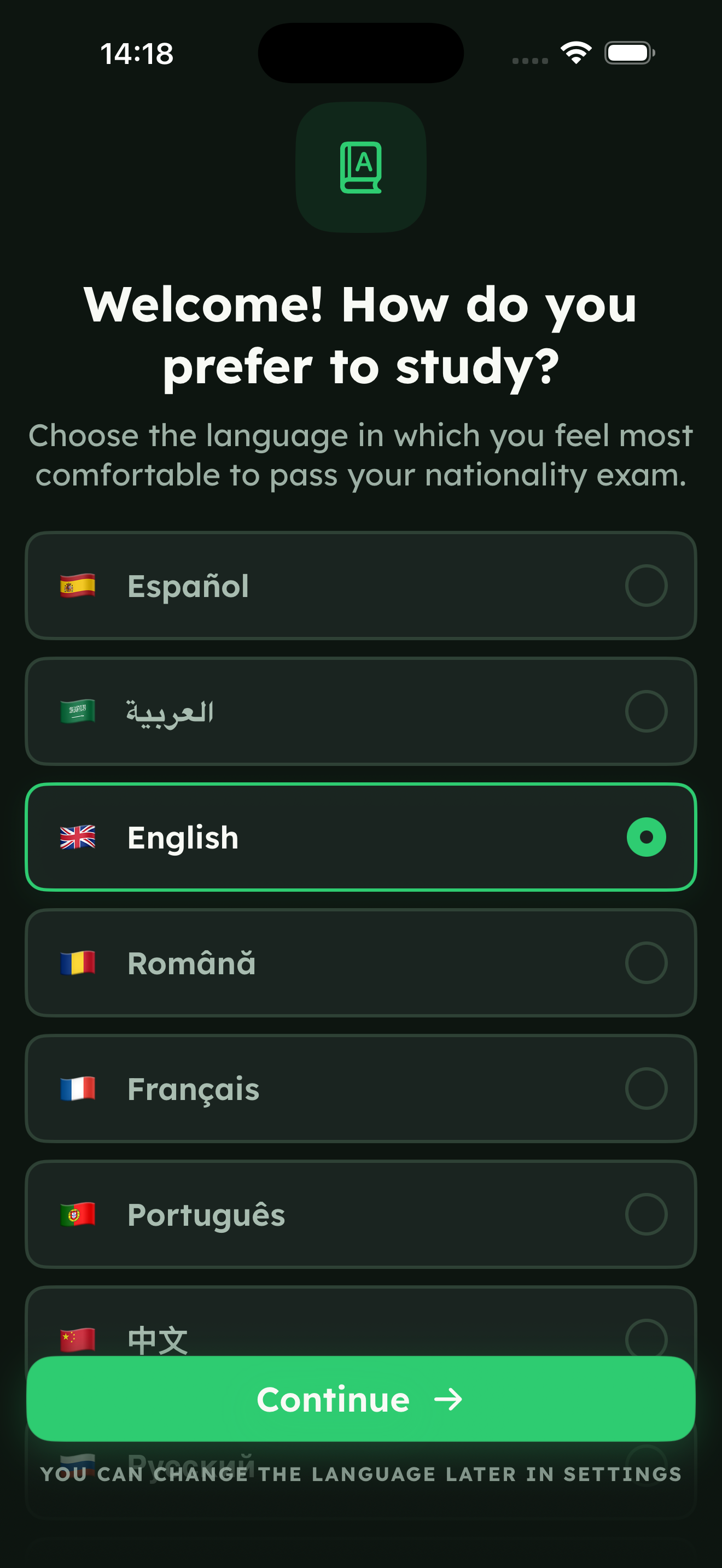 Aussie GO language selection screen