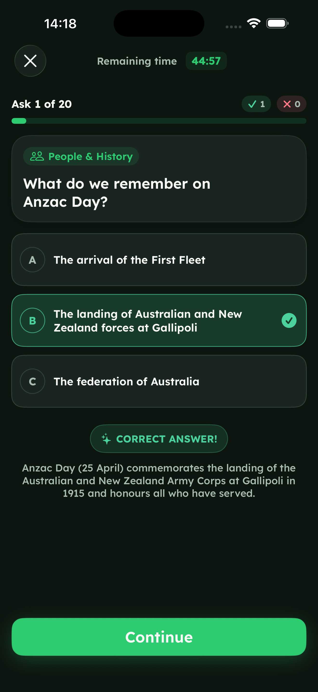 Aussie GO mock exam question screen