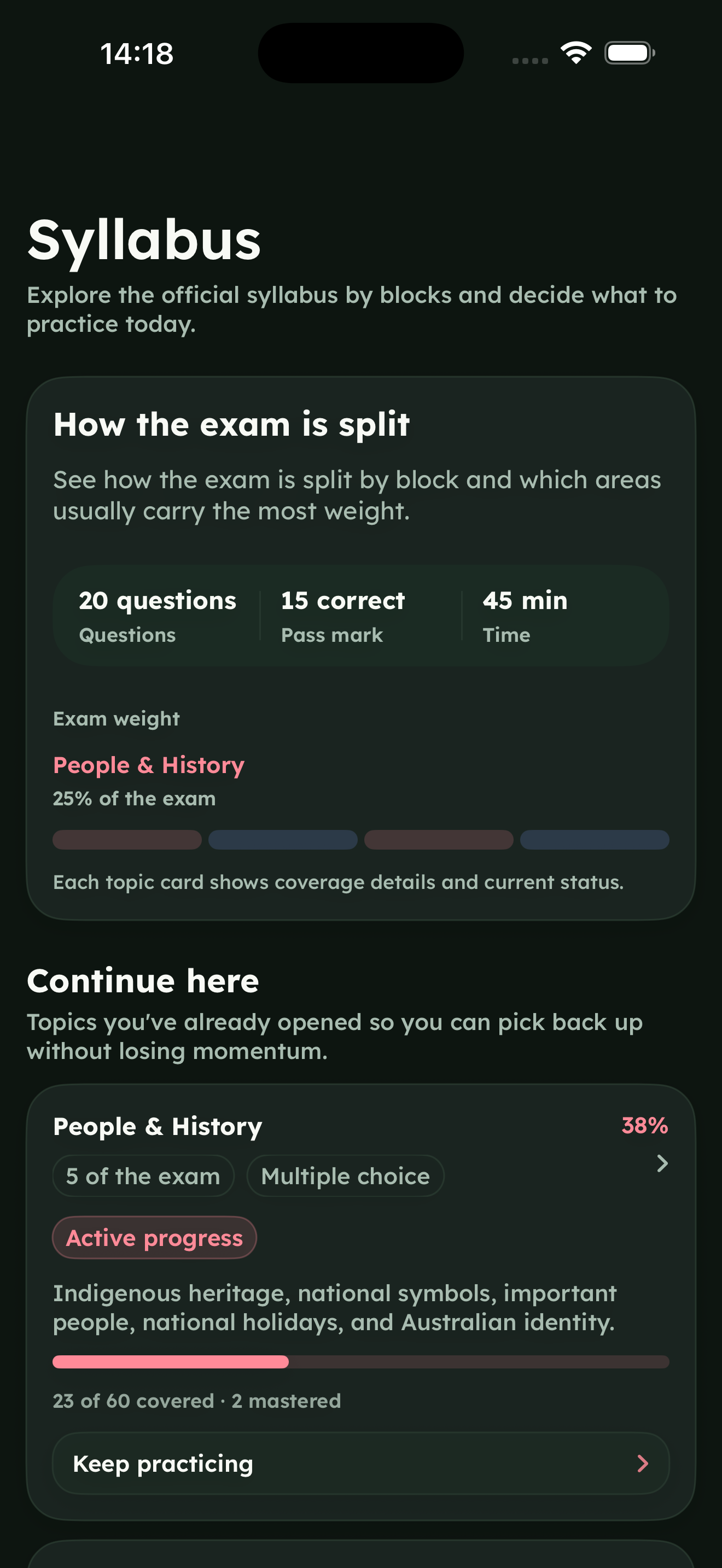 Aussie GO syllabus screen