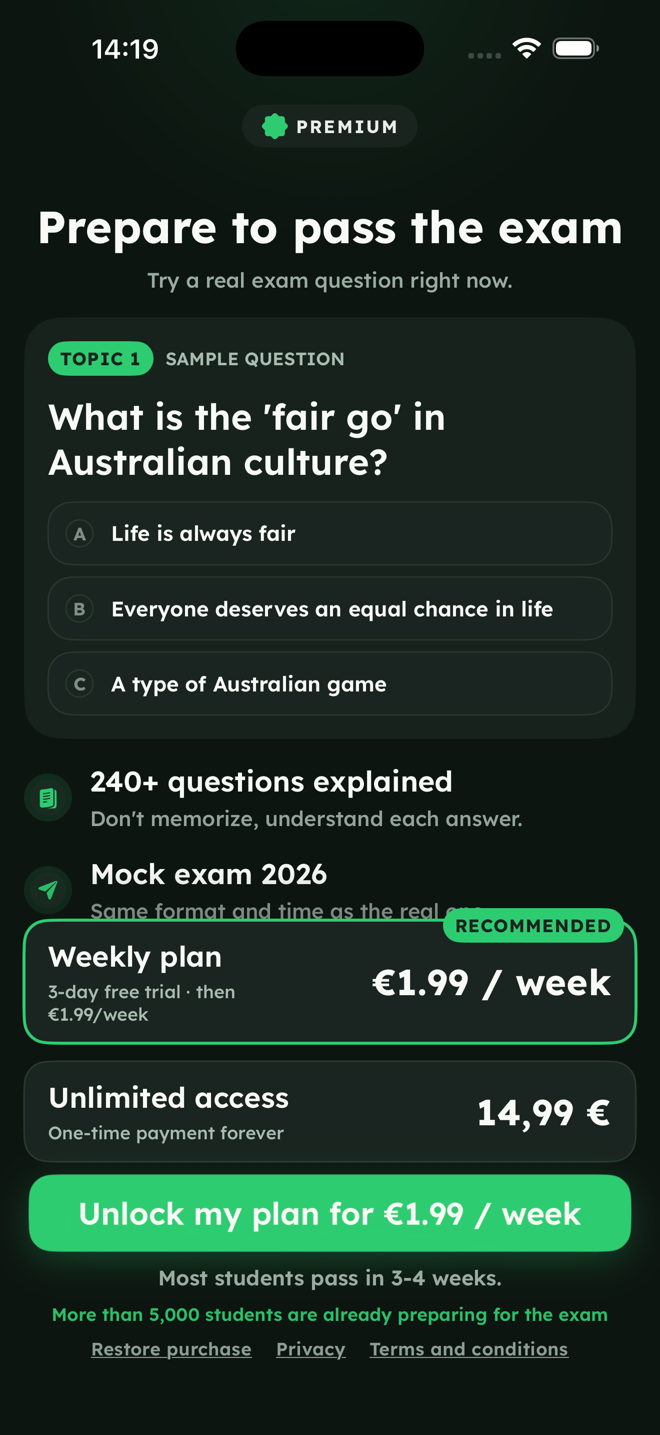 Aussie GO subscription screen