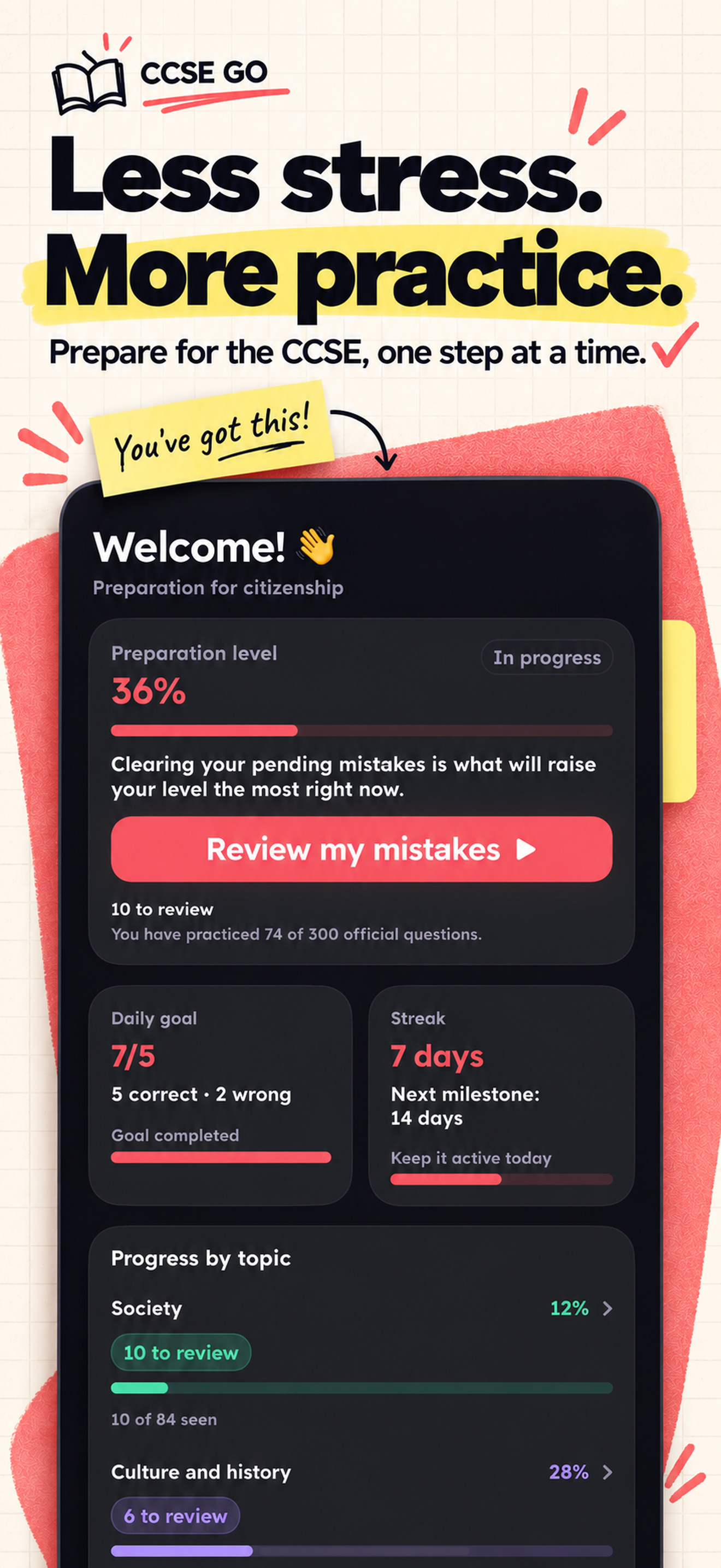 CCSE GO home screen and study plan