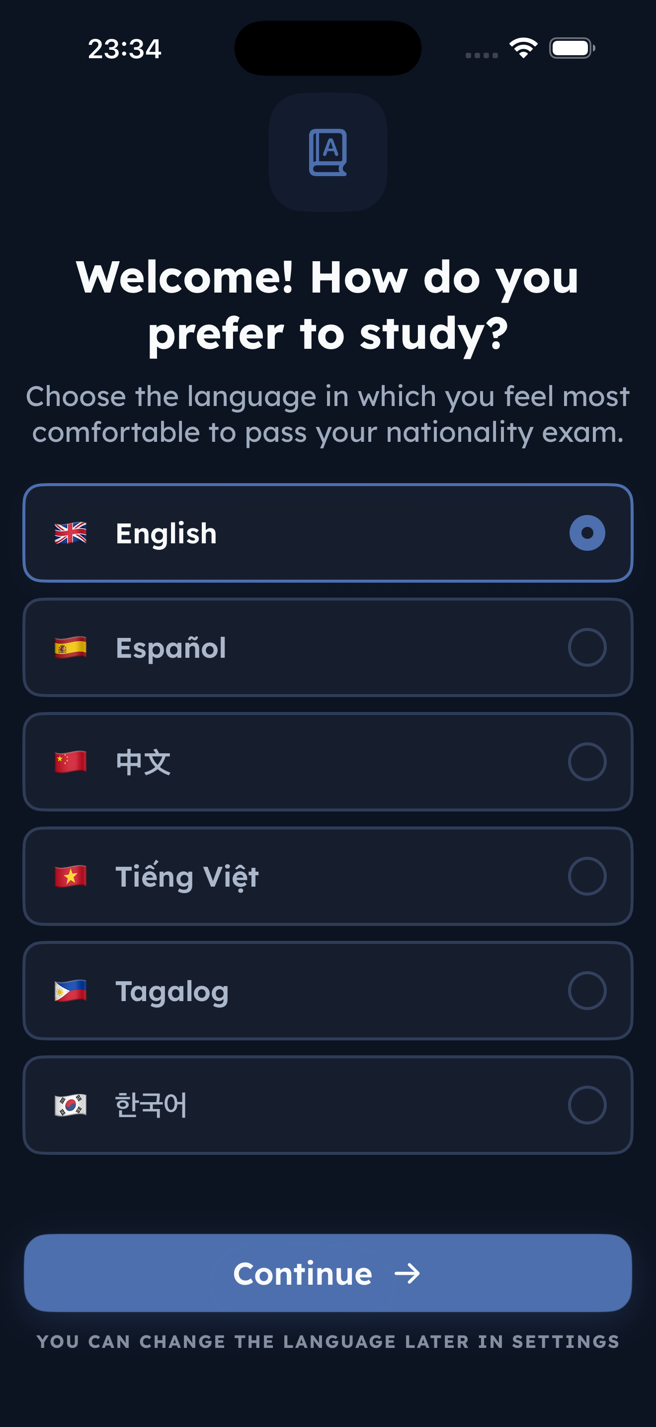 USA GO language selection screen