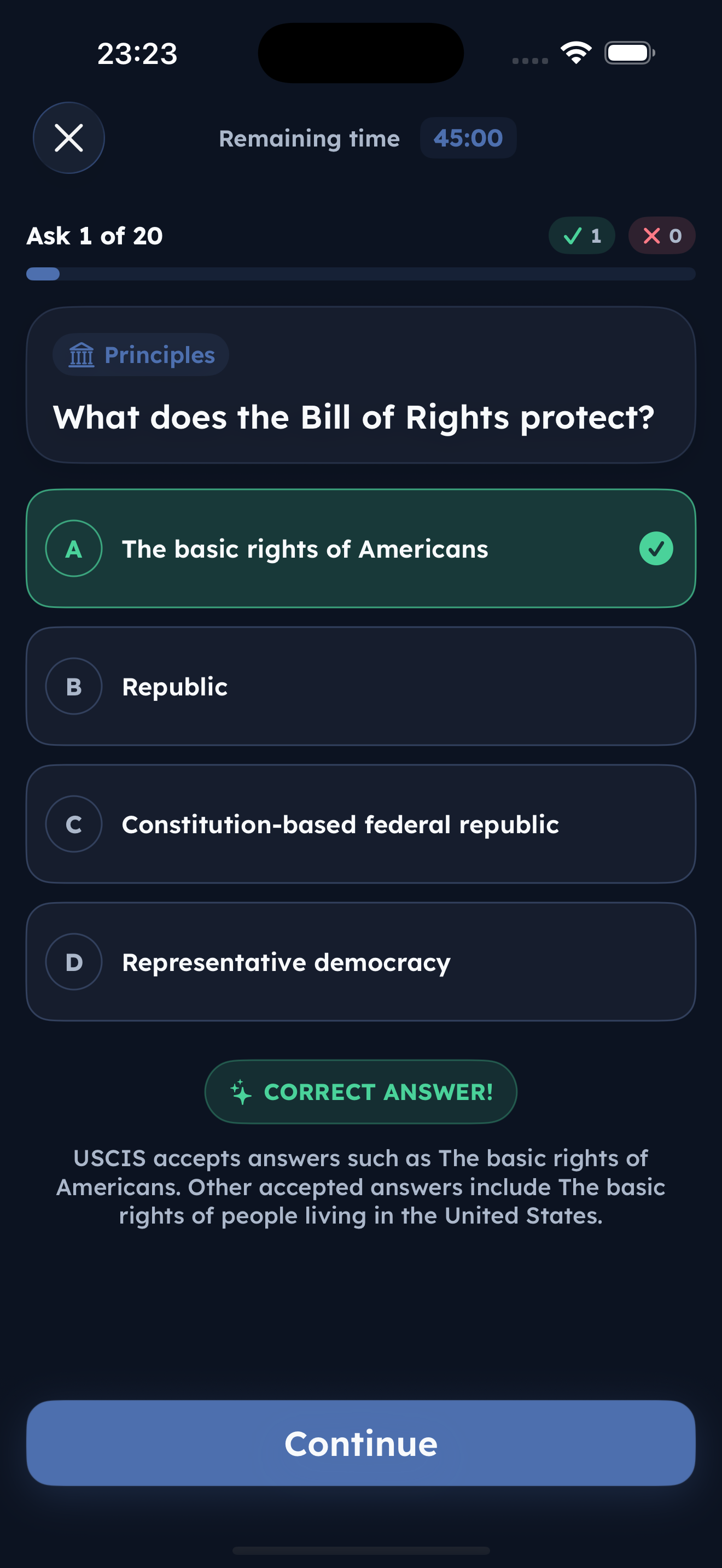 USA GO mock exam question screen