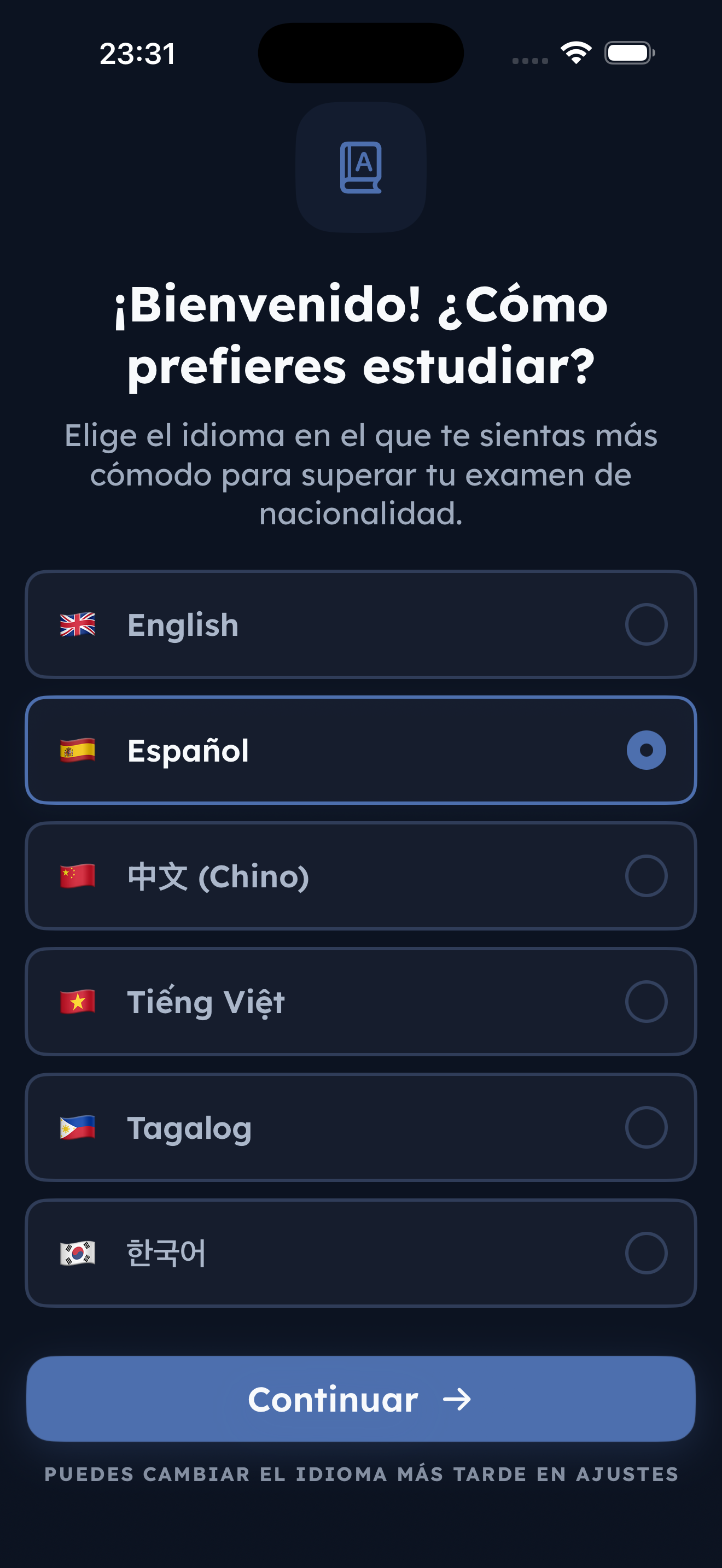 Pantalla de selección de idioma de USA GO