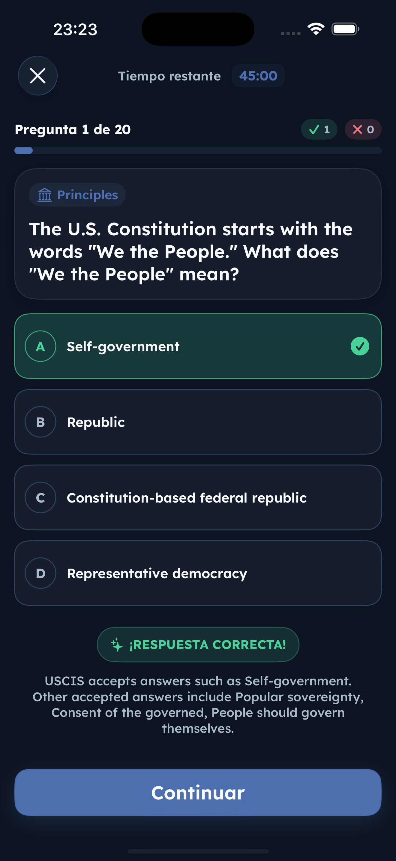 Pantalla de preguntas del simulacro de USA GO
