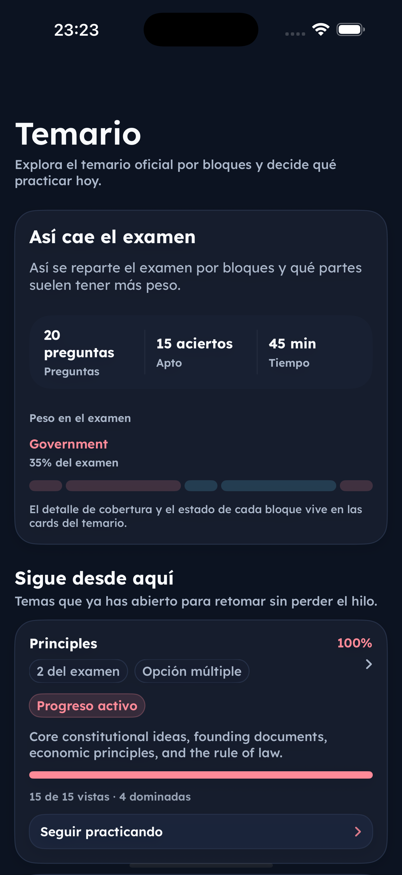 Pantalla del temario de USA GO